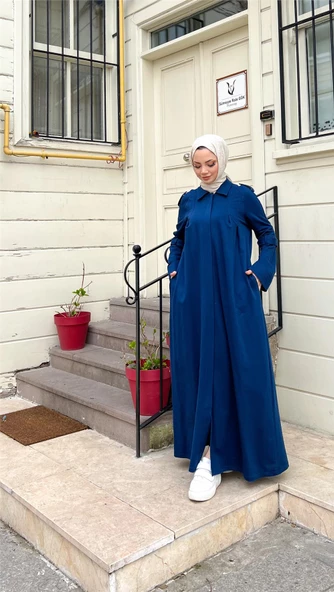 Yakalı Dirsek Kemer Detaylı Pamuklu Uzun Ferace - 71170.006 - İndigo - 8