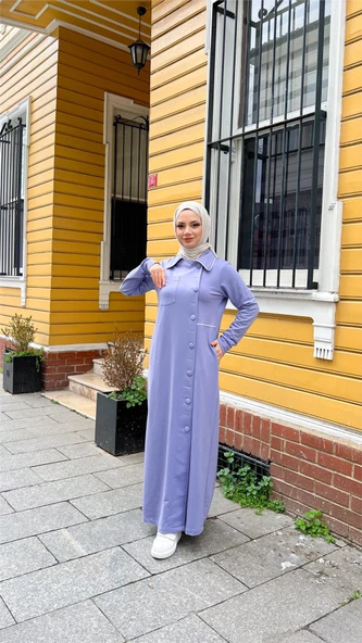 Yakalı Cepli Yandan Düğmeli Pamuklu Uzun Ferace - 71176.019 - Lila - 4