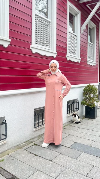 Yakalı Cepli Yandan Düğmeli Pamuklu Uzun Ferace - 71176.034 - Pudra - 2
