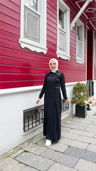 Yakalı Cepli Yandan Düğmeli Pamuklu Uzun Ferace - 71176.003 - Siyah - 5
