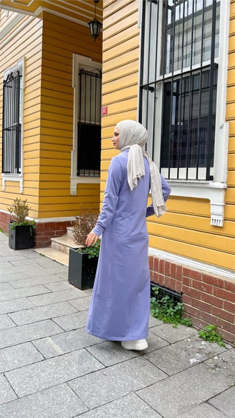 Yakalı Cepli Yandan Düğmeli Pamuklu Uzun Ferace - 71176.019 - Lila - 5