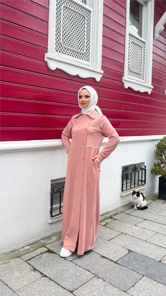 Yakalı Cepli Yandan Düğmeli Pamuklu Uzun Ferace - 71176.034 - Pudra - 5