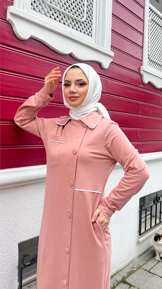 Yakalı Cepli Yandan Düğmeli Pamuklu Uzun Ferace - 71176.034 - Pudra - 6