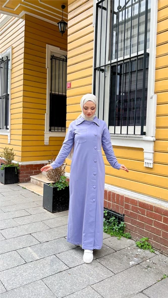 Yakalı Cepli Yandan Düğmeli Pamuklu Uzun Ferace - 71176.019 - Lila - 3