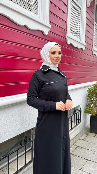 Yakalı Cepli Yandan Düğmeli Pamuklu Uzun Ferace - 71176.003 - Siyah - 9