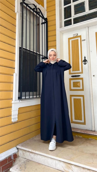 Yakalı Dirsek Kemer Detaylı Pamuklu Uzun Ferace - 71170.015 - Lacivert - 4