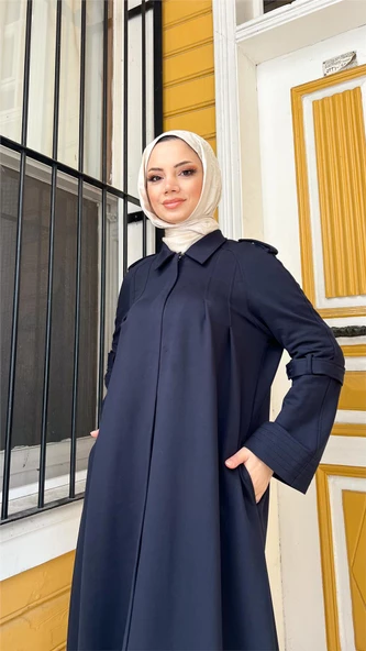 Yakalı Dirsek Kemer Detaylı Pamuklu Uzun Ferace - 71170.015 - Lacivert - 6