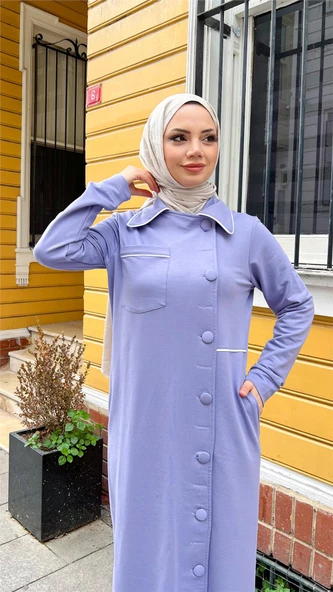 Yakalı Cepli Yandan Düğmeli Pamuklu Uzun Ferace - 71176.019 - Lila - 7
