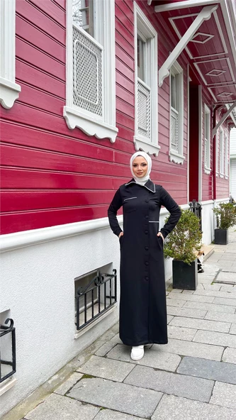 Yakalı Cepli Yandan Düğmeli Pamuklu Uzun Ferace - 71176.003 - Siyah - 2