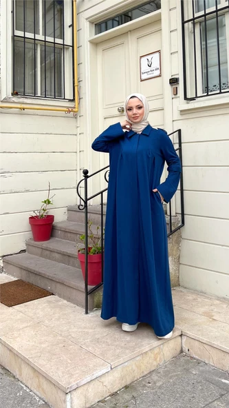 Yakalı Dirsek Kemer Detaylı Pamuklu Uzun Ferace - 71170.006 - İndigo - 9