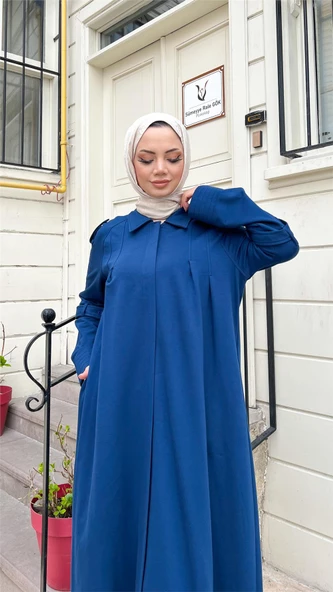 Yakalı Dirsek Kemer Detaylı Pamuklu Uzun Ferace - 71170.006 - İndigo - 11