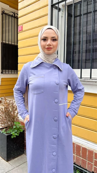 Yakalı Cepli Yandan Düğmeli Pamuklu Uzun Ferace - 71176.019 - Lila - 6