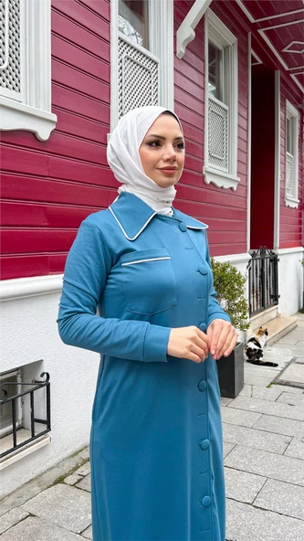 Yakalı Cepli Yandan Düğmeli Pamuklu Uzun Ferace - 71176.033 - Petrol - 7