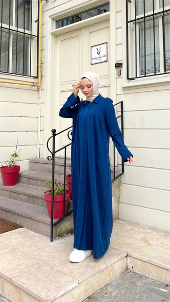 Yakalı Dirsek Kemer Detaylı Pamuklu Uzun Ferace - 71170.006 - İndigo - 6