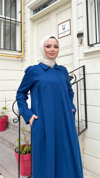 Yakalı Dirsek Kemer Detaylı Pamuklu Uzun Ferace - 71170.006 - İndigo - 12