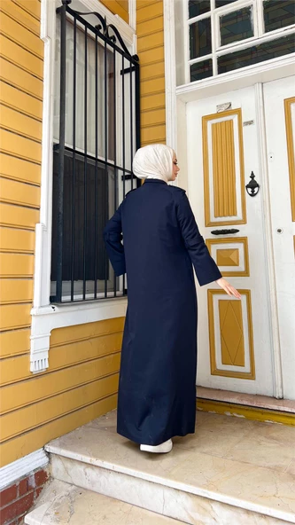 Yakalı Dirsek Kemer Detaylı Pamuklu Uzun Ferace - 71170.015 - Lacivert - 5