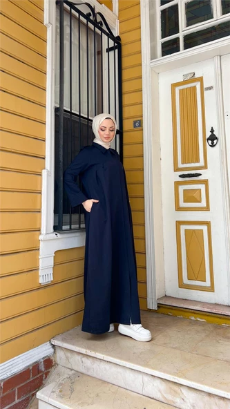 Yakalı Dirsek Kemer Detaylı Pamuklu Uzun Ferace - 71170.015 - Lacivert - 2