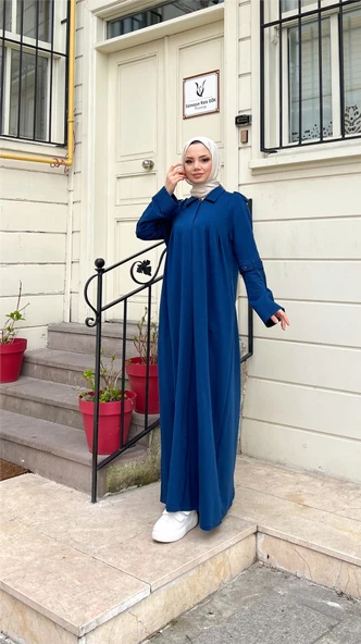 Yakalı Dirsek Kemer Detaylı Pamuklu Uzun Ferace - 71170.006 - İndigo - 4