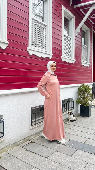 Yakalı Cepli Yandan Düğmeli Pamuklu Uzun Ferace - 71176.034 - Pudra - 4