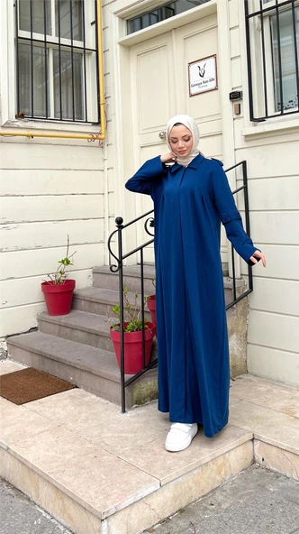 Yakalı Dirsek Kemer Detaylı Pamuklu Uzun Ferace - 71170.006 - İndigo - 7