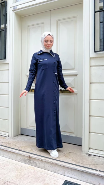 Yakalı Cepli Yandan Düğmeli Pamuklu Uzun Ferace - 71176.015 - Lacivert - 8