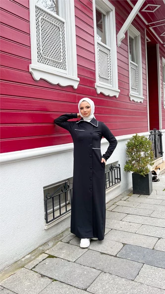 Yakalı Cepli Yandan Düğmeli Pamuklu Uzun Ferace - 71176.003 - Siyah - 7