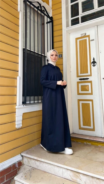 Yakalı Dirsek Kemer Detaylı Pamuklu Uzun Ferace - 71170.015 - Lacivert - 3