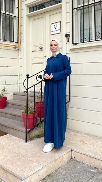 Yakalı Dirsek Kemer Detaylı Pamuklu Uzun Ferace - 71170.006 - İndigo - 5