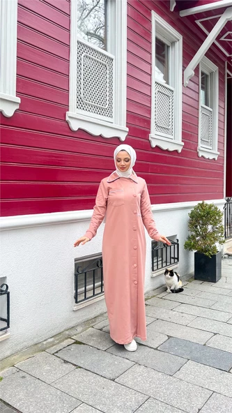 Yakalı Cepli Yandan Düğmeli Pamuklu Uzun Ferace - 71176.034 - Pudra - 3