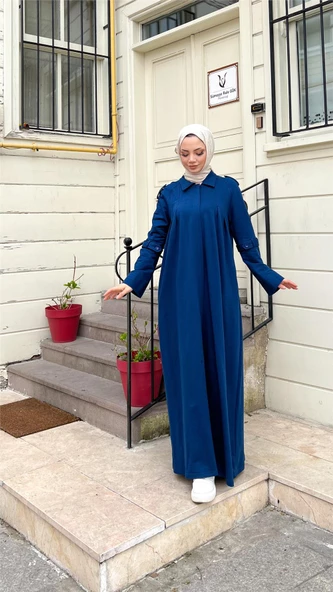 Yakalı Dirsek Kemer Detaylı Pamuklu Uzun Ferace - 71170.006 - İndigo - 10