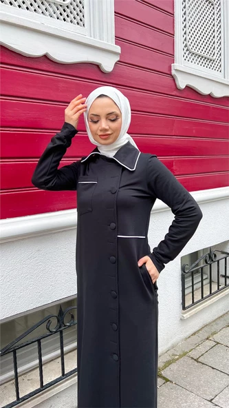 Yakalı Cepli Yandan Düğmeli Pamuklu Uzun Ferace - 71176.003 - Siyah - 8