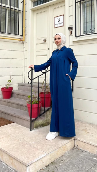 Yakalı Dirsek Kemer Detaylı Pamuklu Uzun Ferace - 71170.006 - İndigo - 2