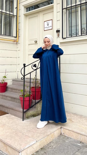 Yakalı Dirsek Kemer Detaylı Pamuklu Uzun Ferace - 71170.006 - İndigo - 3