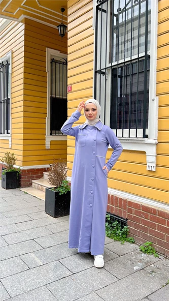 Yakalı Cepli Yandan Düğmeli Pamuklu Uzun Ferace - 71176.019 - Lila - 2
