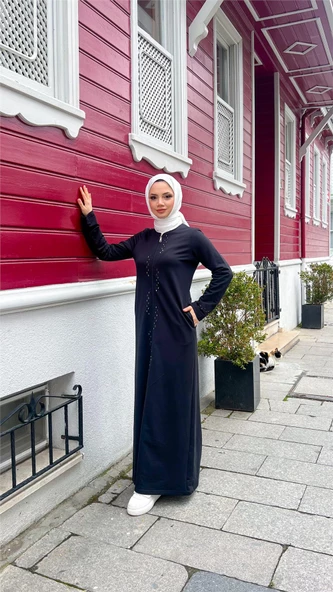 O Yaka Fermuarlı Yan Cepli Pamuklu Uzun Ferace - 71179.003 - Siyah - 3