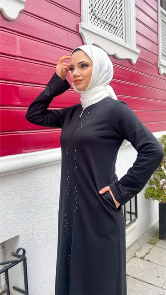 O Yaka Fermuarlı Yan Cepli Pamuklu Uzun Ferace - 71179.003 - Siyah - 8