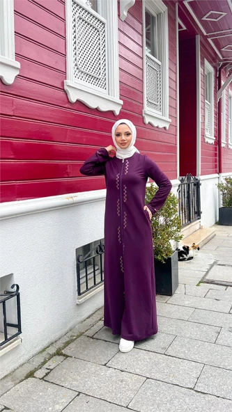 O Yaka Fermuarlı Yan Cepli Pamuklu Uzun Ferace - 71179.020 - Mürdüm - 6