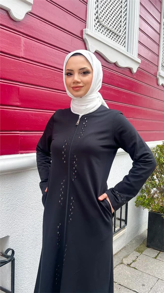 O Yaka Fermuarlı Yan Cepli Pamuklu Uzun Ferace - 71179.003 - Siyah - 7