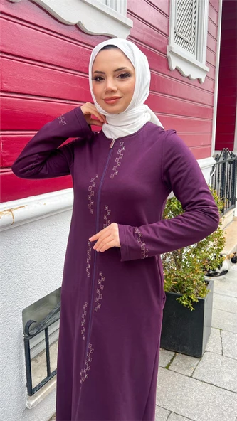 O Yaka Fermuarlı Yan Cepli Pamuklu Uzun Ferace - 71179.020 - Mürdüm - 8