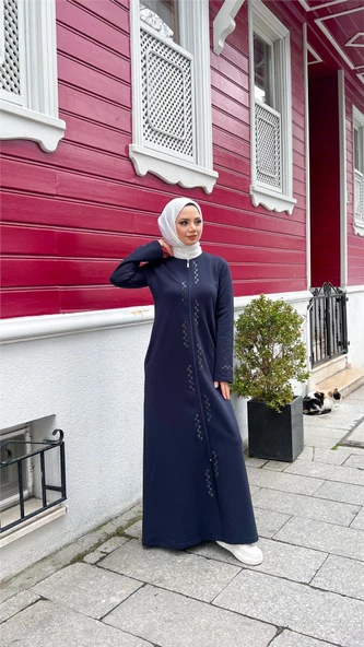 O Yaka Fermuarlı Yan Cepli Pamuklu Uzun Ferace - 71179.015 - Lacivert - 6
