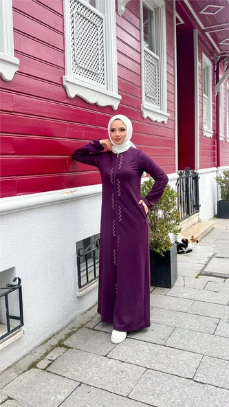 O Yaka Fermuarlı Yan Cepli Pamuklu Uzun Ferace - 71179.020 - Mürdüm - 5