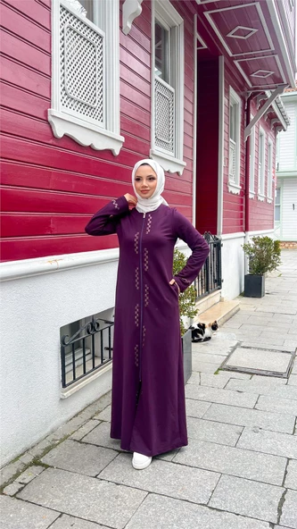 O Yaka Fermuarlı Yan Cepli Pamuklu Uzun Ferace - 71179.020 - Mürdüm - 2