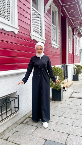 O Yaka Fermuarlı Yan Cepli Pamuklu Uzun Ferace - 71179.003 - Siyah - 5