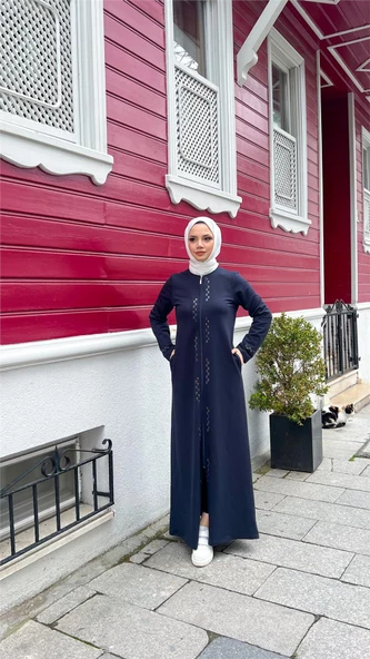 O Yaka Fermuarlı Yan Cepli Pamuklu Uzun Ferace - 71179.015 - Lacivert - 2