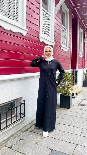 O Yaka Fermuarlı Yan Cepli Pamuklu Uzun Ferace - 71179.003 - Siyah - 2