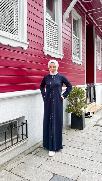 O Yaka Fermuarlı Yan Cepli Pamuklu Uzun Ferace - 71179.015 - Lacivert - 3