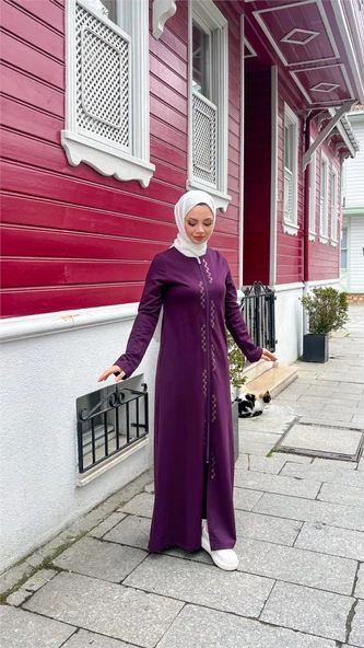 O Yaka Fermuarlı Yan Cepli Pamuklu Uzun Ferace - 71179.020 - Mürdüm - 4