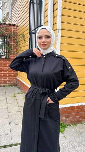 O Yaka Belden Bağlamalı Cepli Pamuklu Uzun Ferace - 71177.003 - Siyah - 2