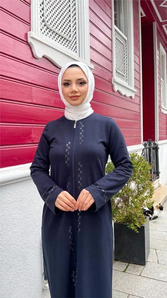 O Yaka Fermuarlı Yan Cepli Pamuklu Uzun Ferace - 71179.015 - Lacivert - 7