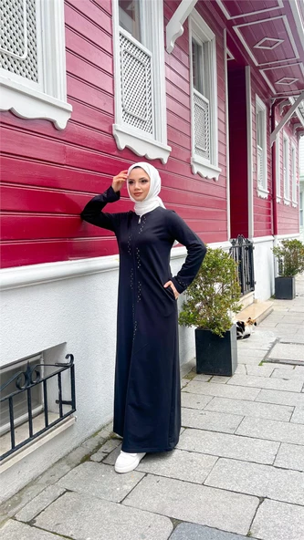 O Yaka Fermuarlı Yan Cepli Pamuklu Uzun Ferace - 71179.003 - Siyah - 4